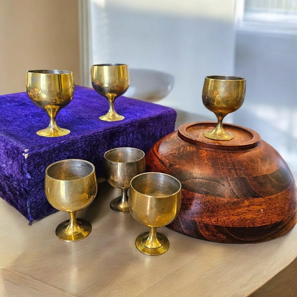 Vintage Brass Mini Goblets Shot Glasses Set Of 6 In Velvet Case India Home Decor
